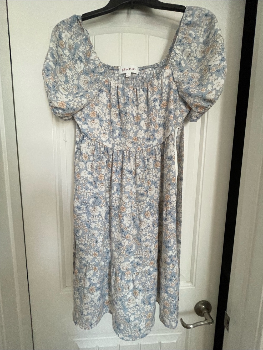 Pink Rose Light Blue Floral Puff-Sleeve women dresses